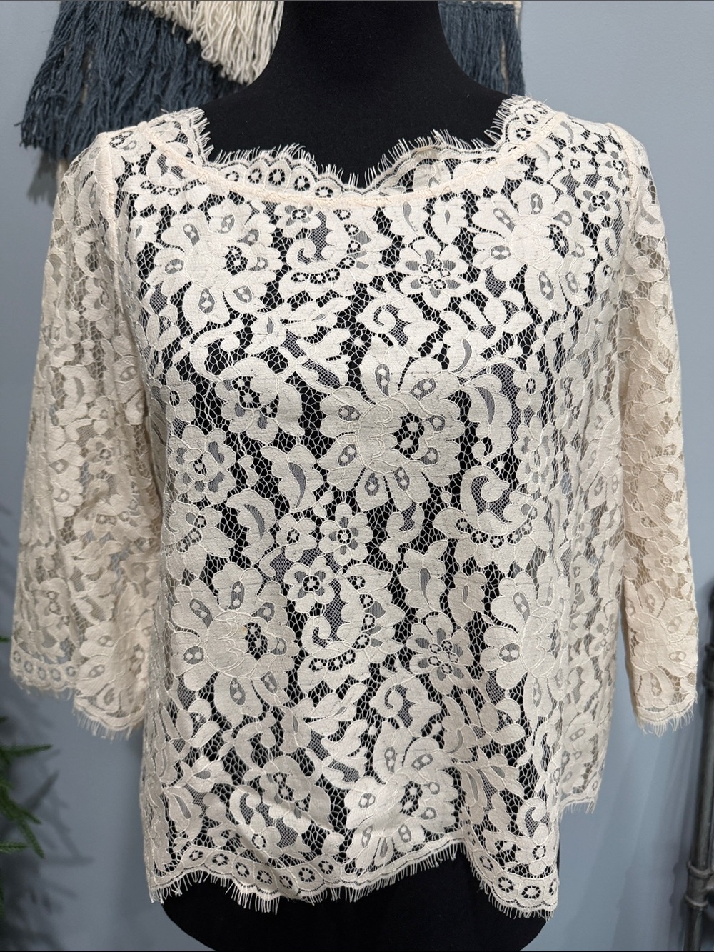 Joie Ivory Floral Lace Blouse Small 3/4 Sleeve Button Back Romantic Boho